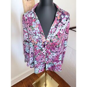 Zara Floral Button Front Blouse Long Sleeve Collared Top Size Medium